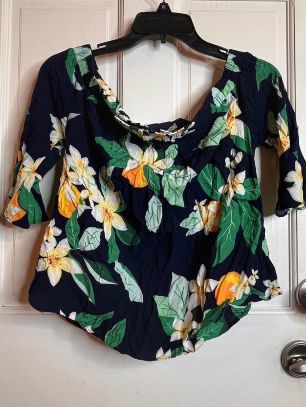 Old Navy Navy Floral Off-Shoulder Blouse with Yellow & Green Accents